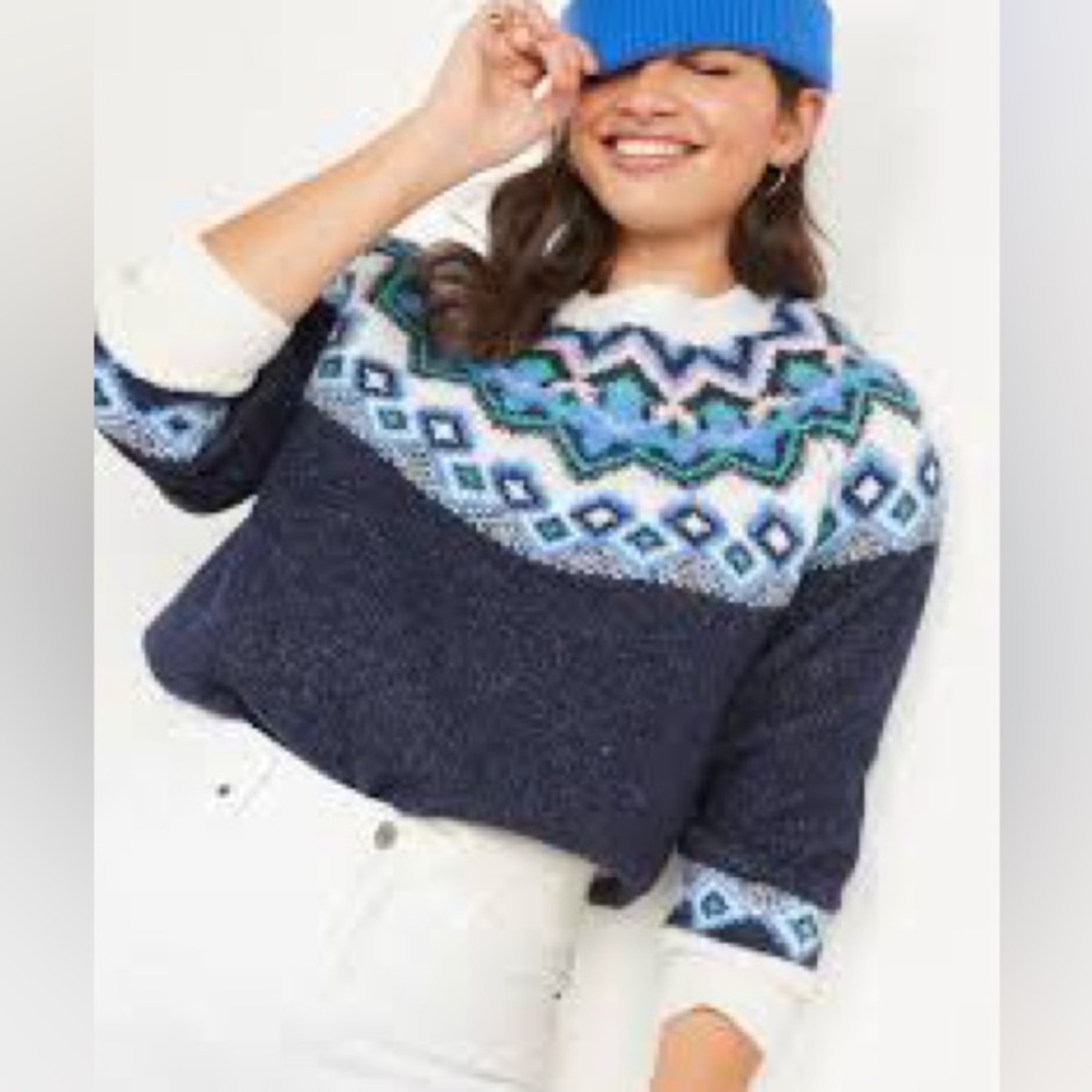 Old Navy Fair isle Crewneck Sweater Navy Multicolor Women’s Size Med (Stained)